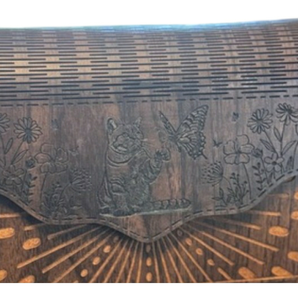 NEW! Hand Crafted Wooden Cat & Butterfly Purse w/Sunflower Embroidered Strap - Picture 3 of 11